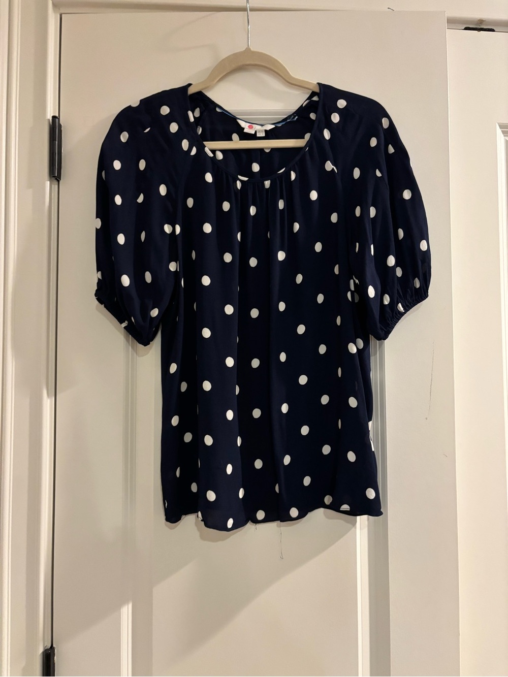 Boden Navy White Polka Dot Puff Sleeve Blouse